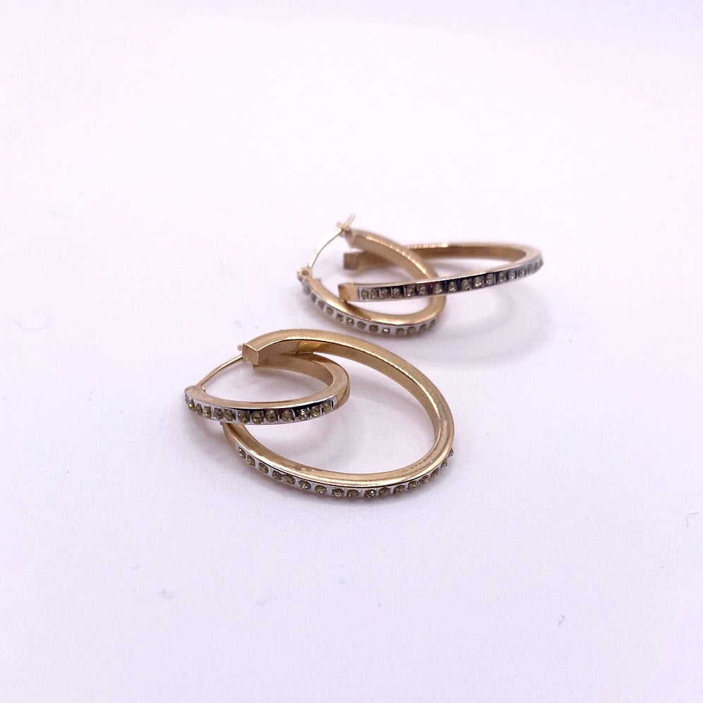 14k Gold Vintage Double Hoop and Diamond Chips Signed SLC