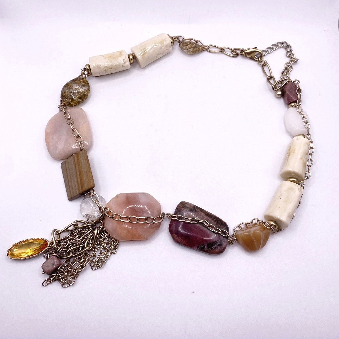 Vintage Multi Gemstones Chunky Necklace: Quartz Amber Tagua Nut and Uranium Glass Pendant 24”