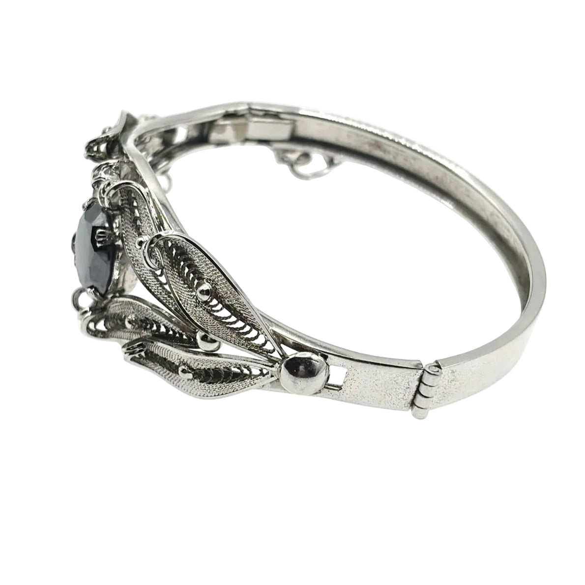 Sorrento Sterling Silver Hematite Filigree Hinged Bangle Bracelet 7”