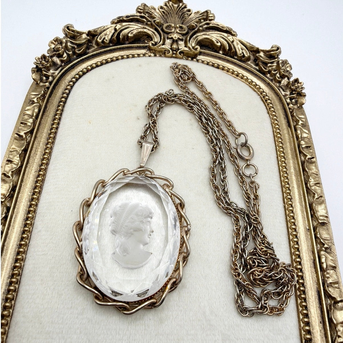 Vintage White Clear Intaglio Glass Cameo Pendant 2" On Large Necklace 22"