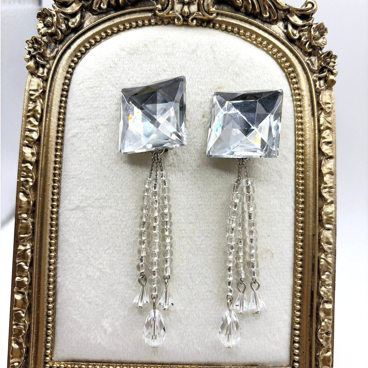 Vintage Square Crystal Rhinestones 4” Dangling Clip On Statement Earrings