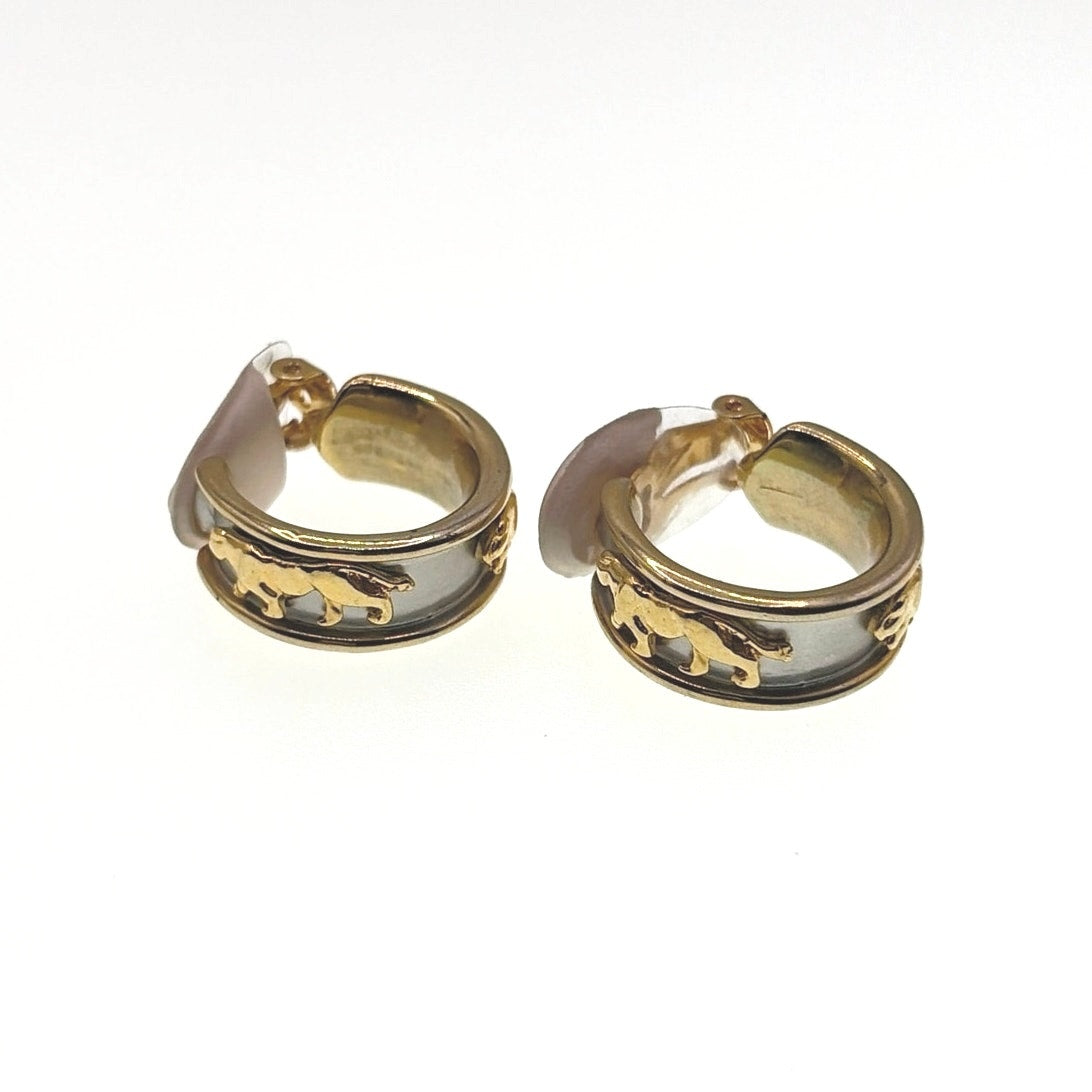 Two Tone Clip on Earrings Half Hoop With Lioness Decor