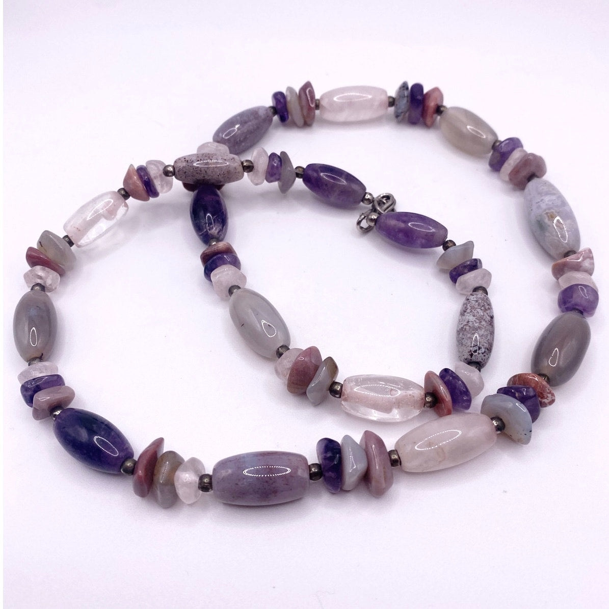 Vintage Handmade Amethyst and Mixed Gemstones Necklace Beautiful Polished