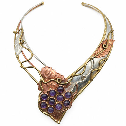 Mixed Metal Necklace Sterling Silver Copper and Brass Leaves Amethyst Grapes