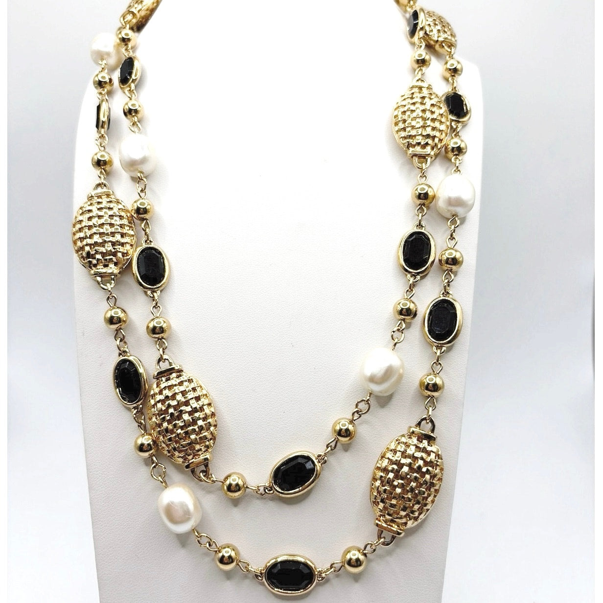 Vintage Extra Long Necklace Faux Pearl and Black Lucite 40”