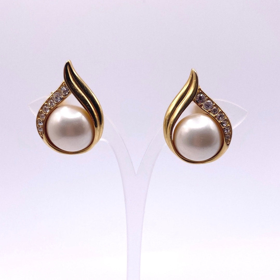 Trifari Clip On Earrings Faux Pearl Gold Tone