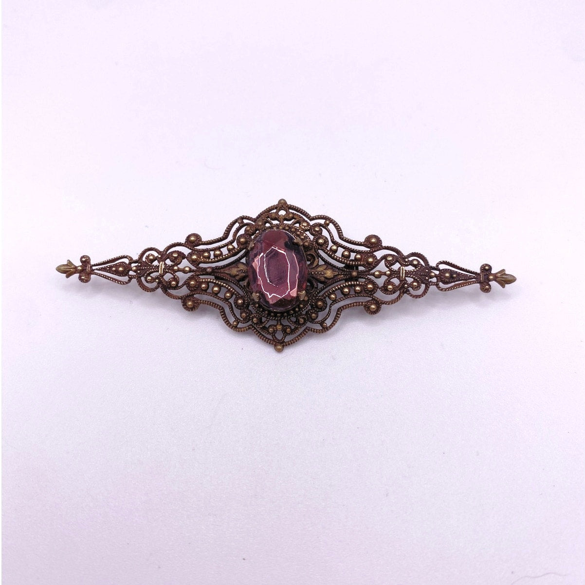 Antique Edwardian Era Brass filigree large 3” Brooch With Purple Glass Rhinestone