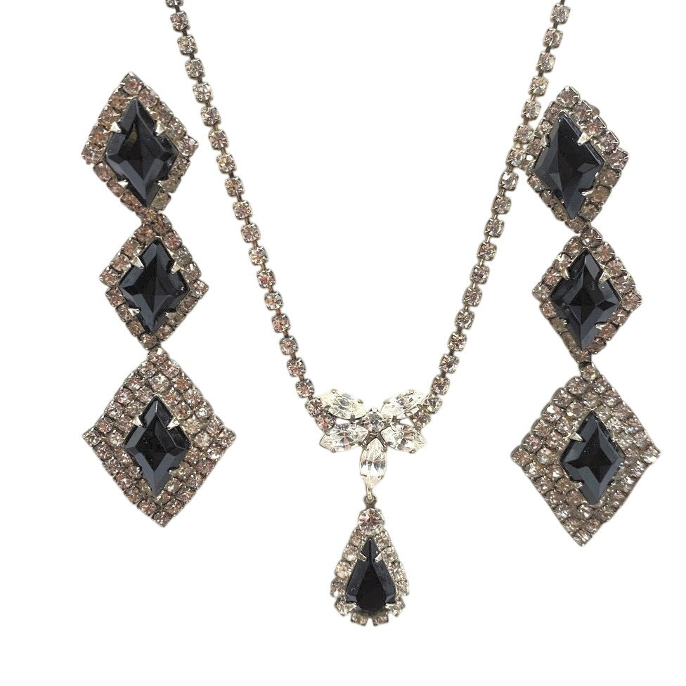 Vintage Black and White Rhinestones Clip on Earrings and Necklace