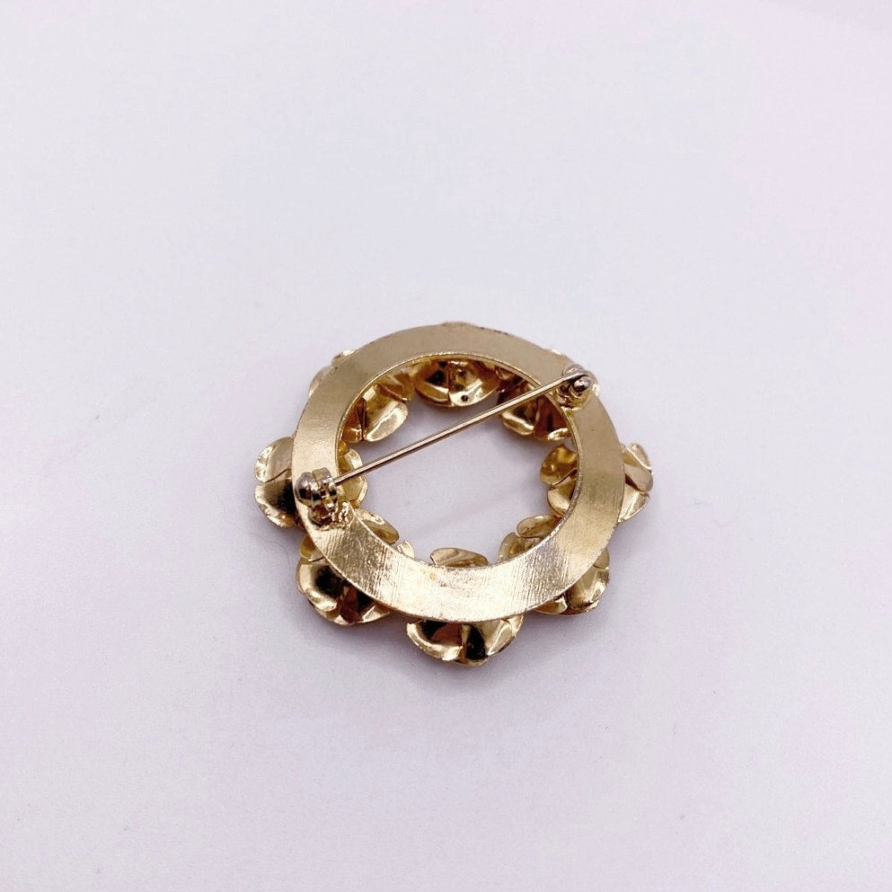 Vintage Mesh Metal Flower Crown Brooch Gold Tone Filigree