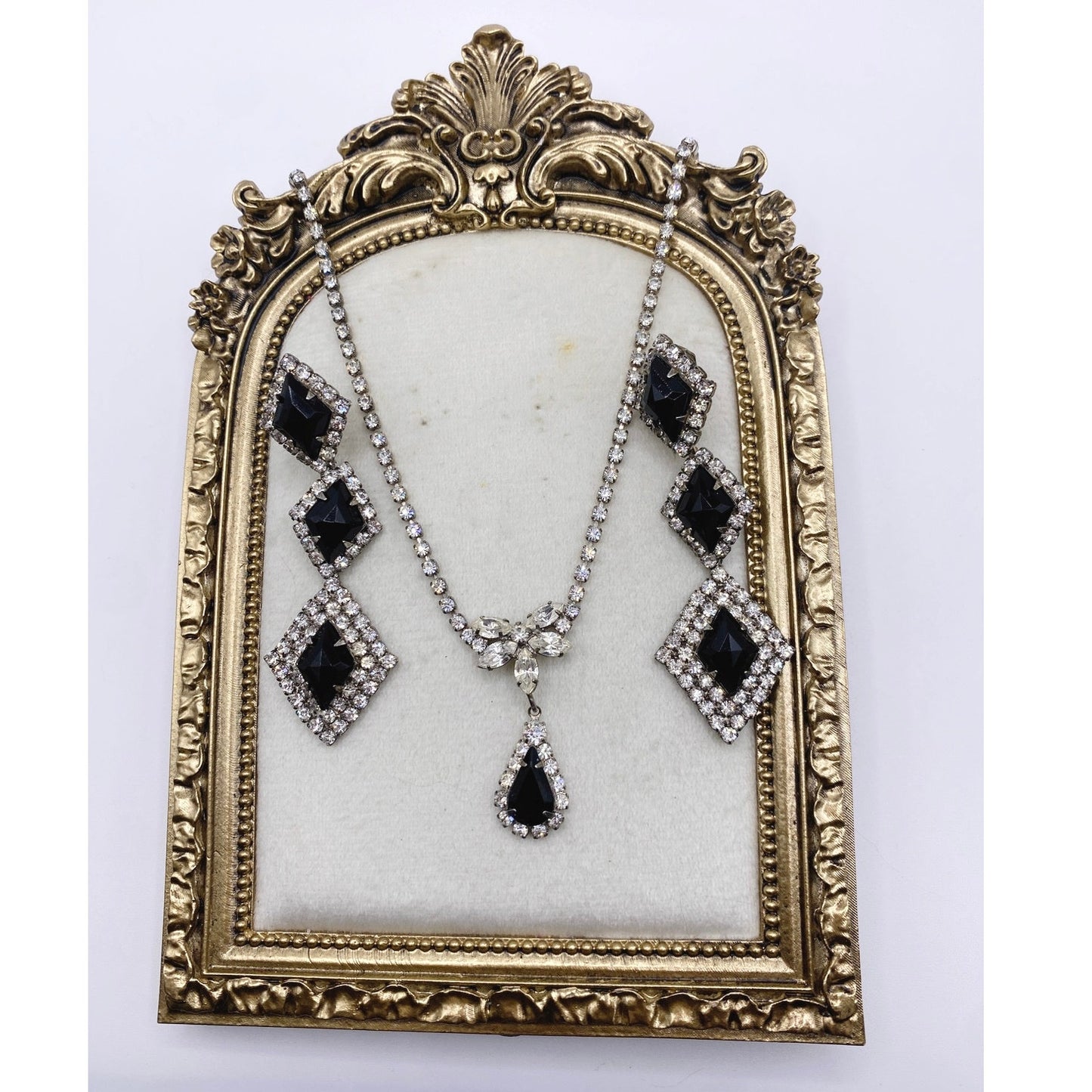 Vintage Black and White Rhinestones Clip on Earrings and Necklace