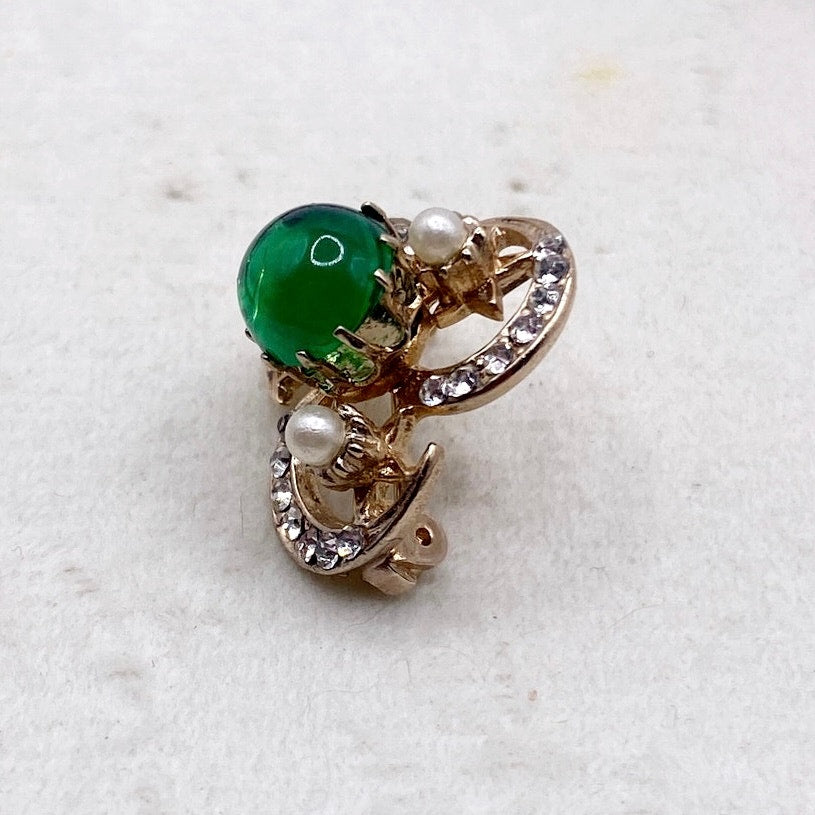 Vintage Green Glass Cabochon Pin Gold Tone and Rhinestones 2cm Long