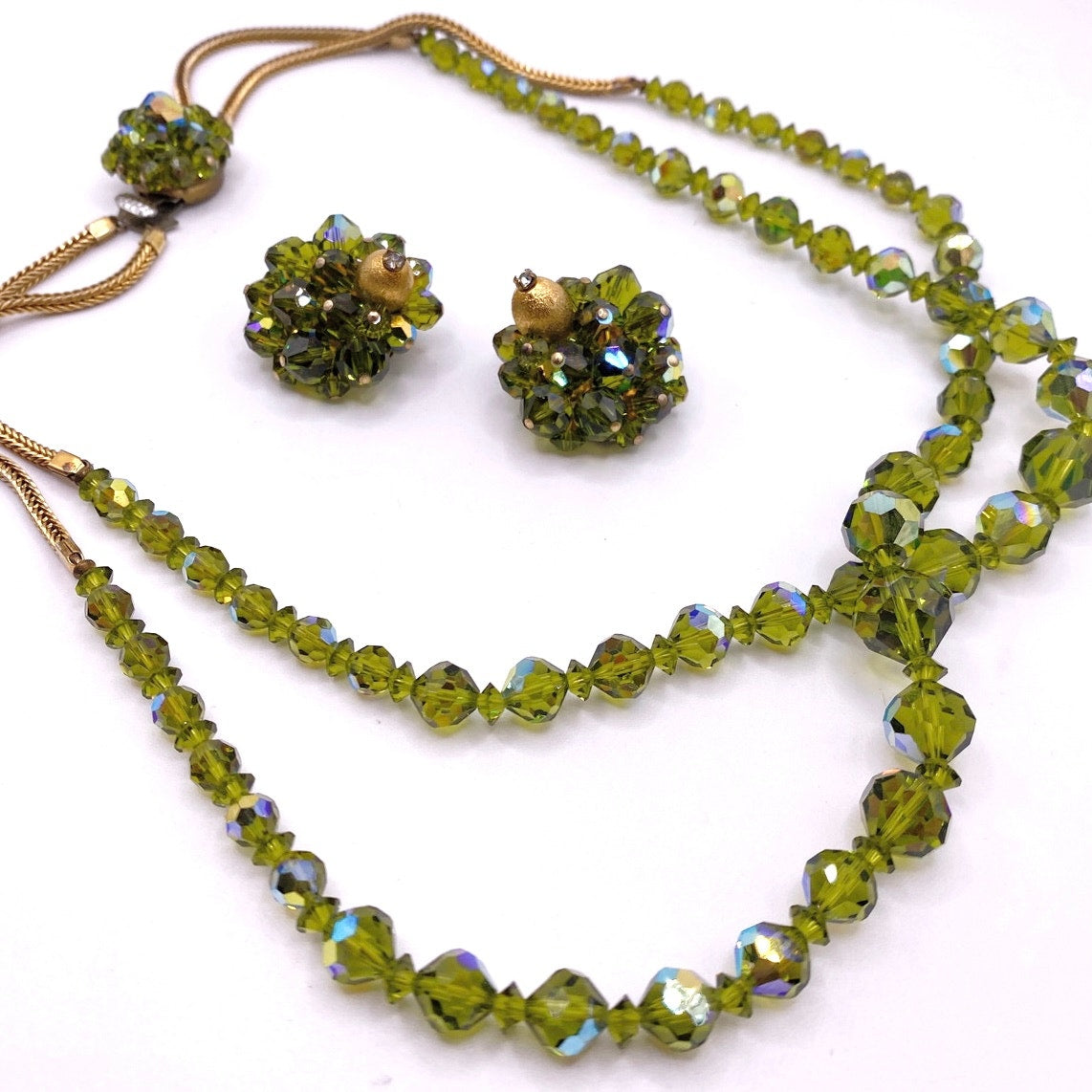 Vntg Double Strand Green Austrian Crystal Necklace 17” and Clip on Earrings Set