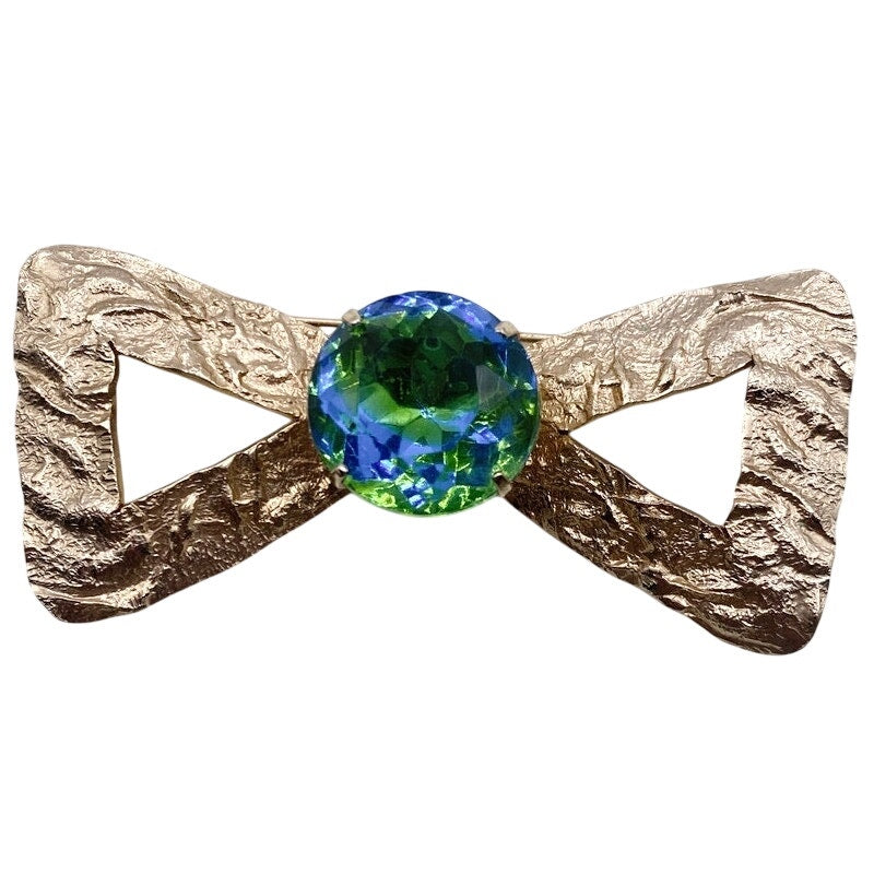 Vintage Brooch Bow with Bohemian Green and Blue Glass 2” long
