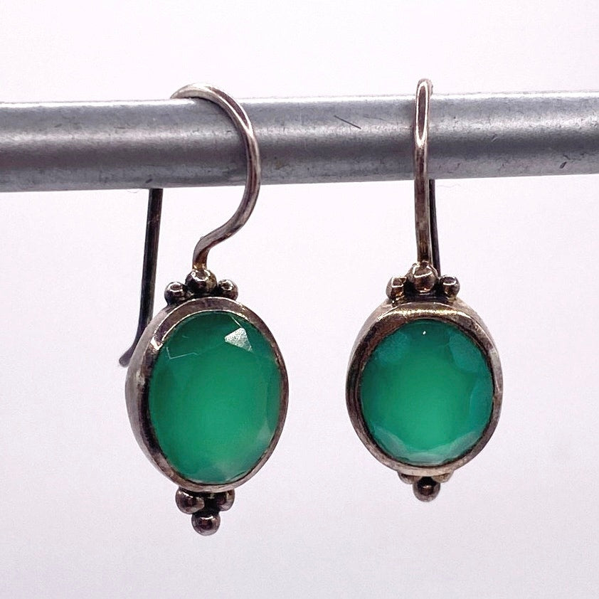 Vintage Sterling Silver And Green Onyx Hook Earrings