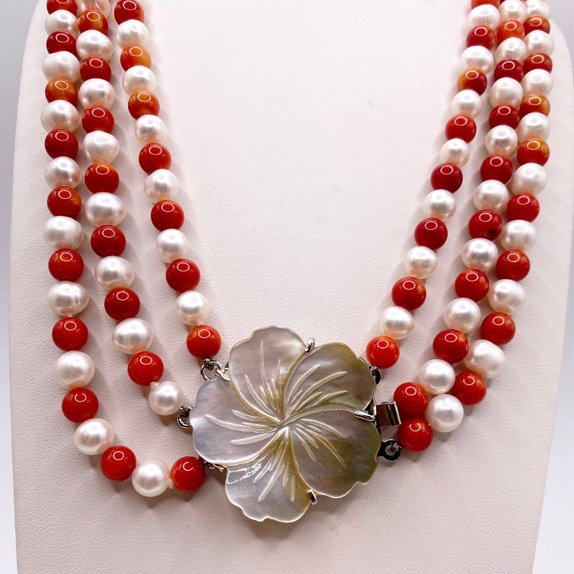 Three Strand Freshwater Pearl and Red Coral Necklace With Motherofpearl Clasp