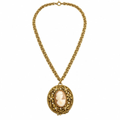 Goldette Signed Vintage Long Necklace And Shell Locket Cameo Pendant 28”