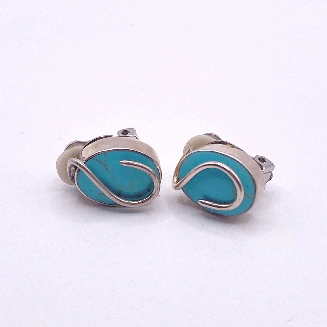 Vintage Turquoise And Sterling Silver Plated Clip On Earrings