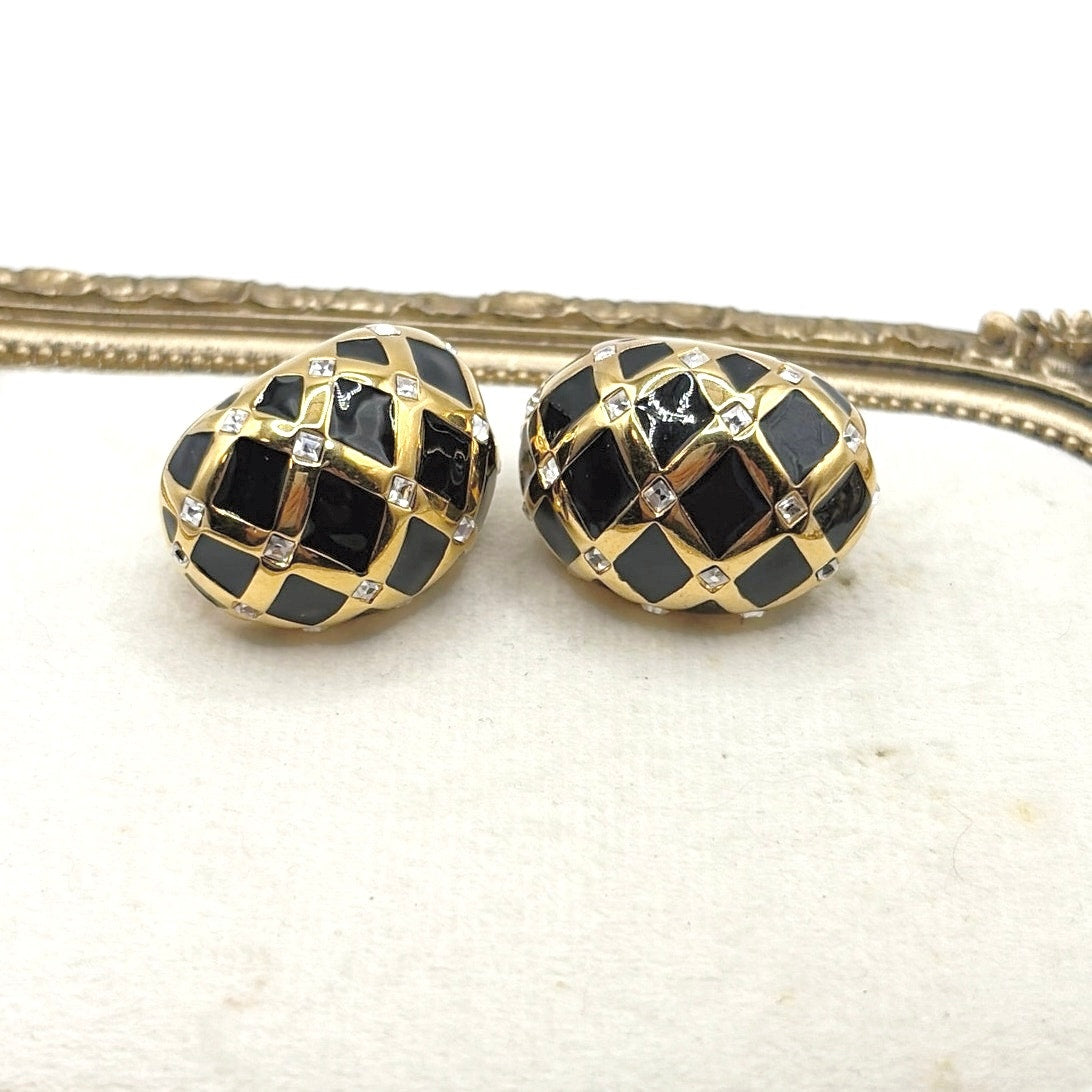St John’s Black Enamel and Rhinestones Statement Clip On Earrings