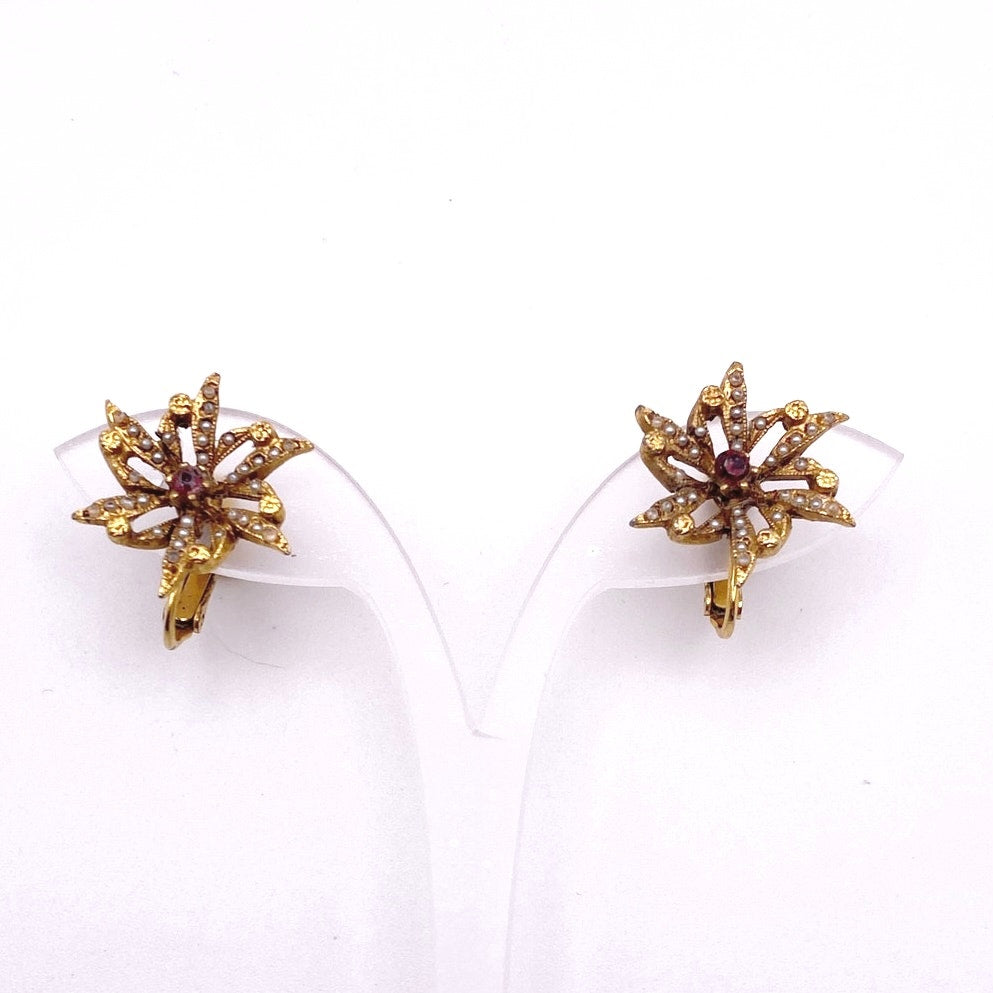 Vendome Flowers Clip On Earrings with Screw Red Center Rhinestone