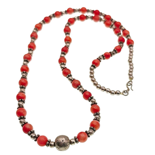 Vintage Sterling Silver and Coral Tribal Necklace 22"