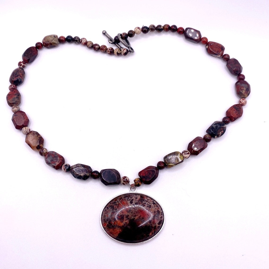 Vintage Red Agate and Jasper Beaded Necklace with Cabochon Pendant
