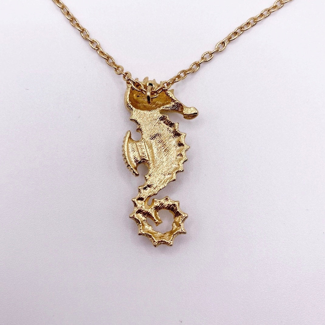 J.Jay Signed Vintage Necklace with Sea Horse Pendant Gold Tone and Rhinestones