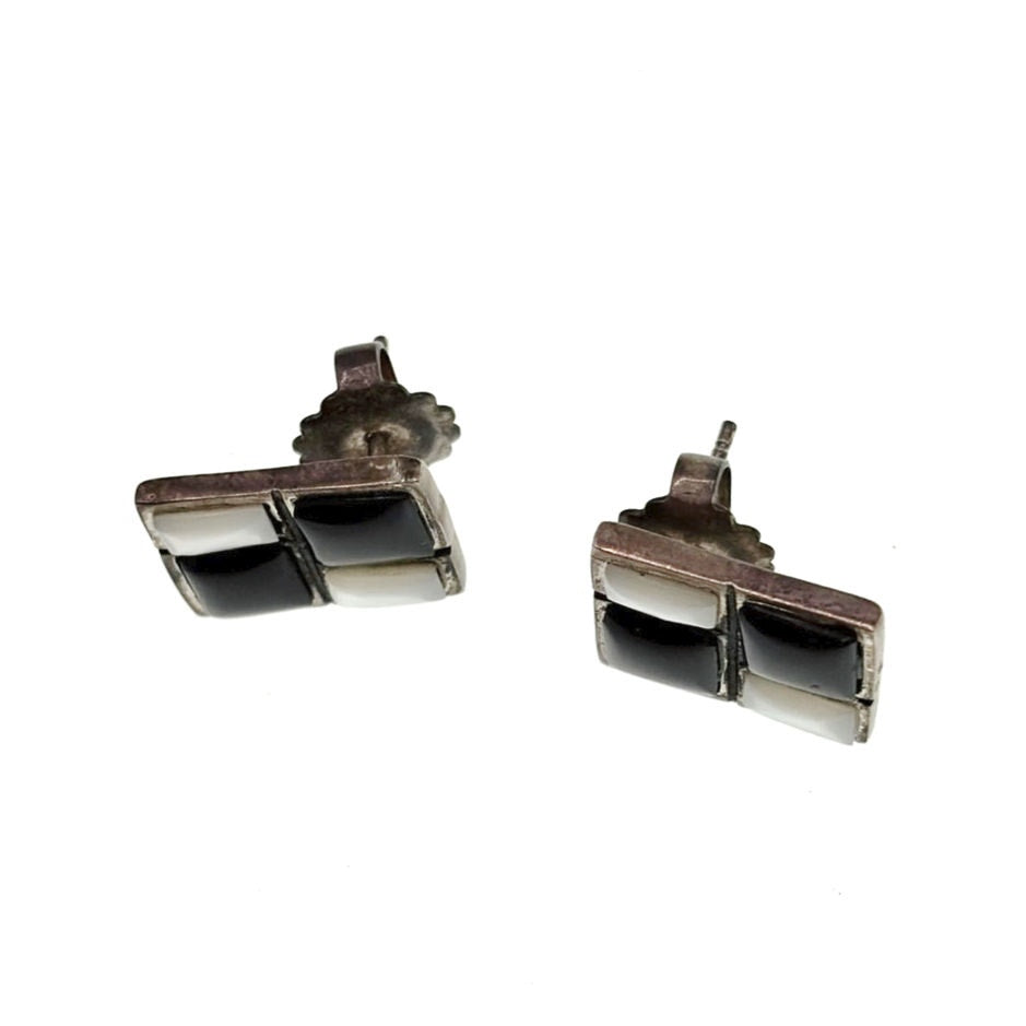 Sterling Silver Onyx and Mother of Pearl Studs Earrings