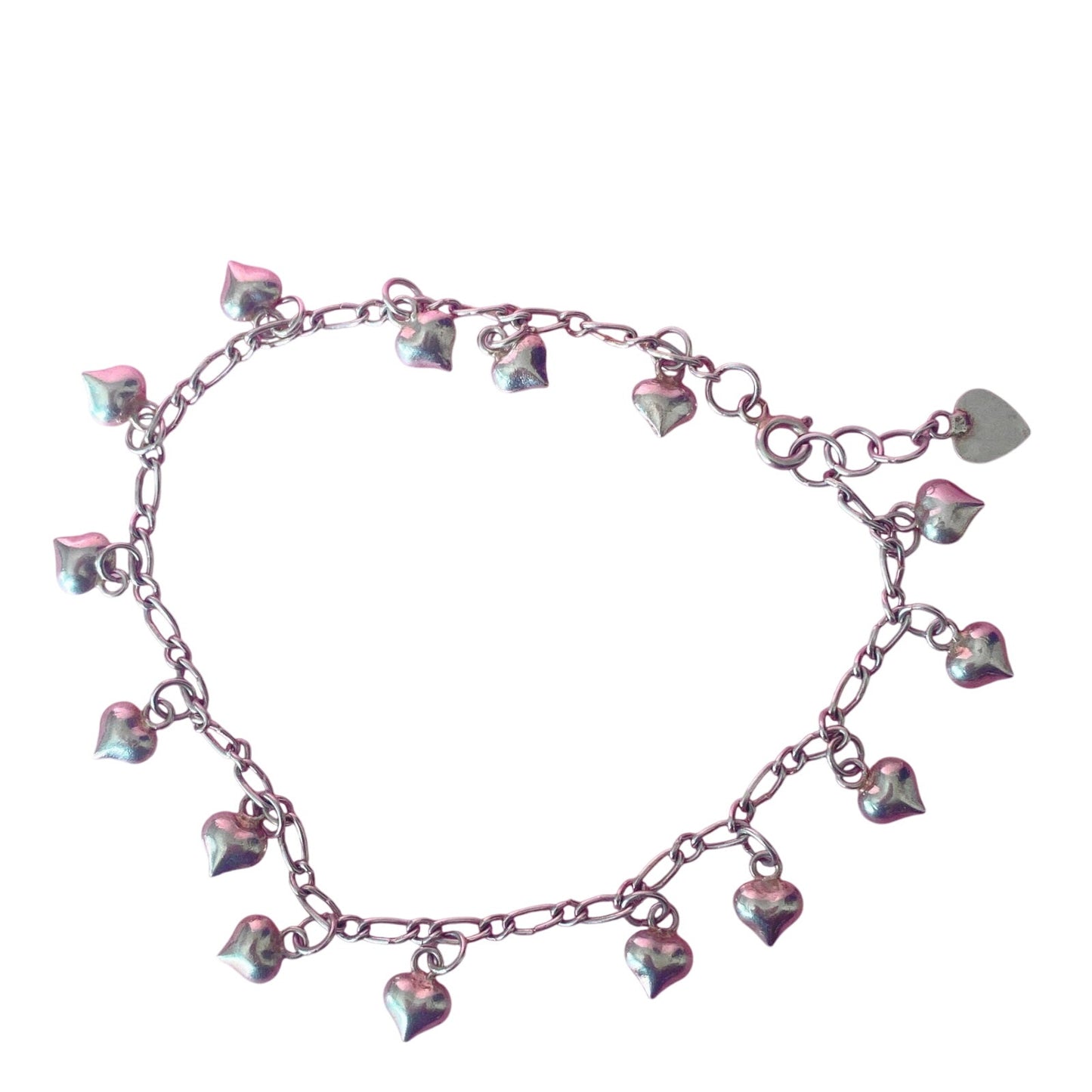 Sterling Silver Puffy Hearts Charms Anklet 9.5"