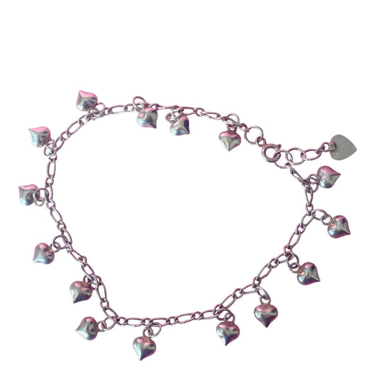 Sterling Silver Puffy Hearts Charms Anklet 9.5"