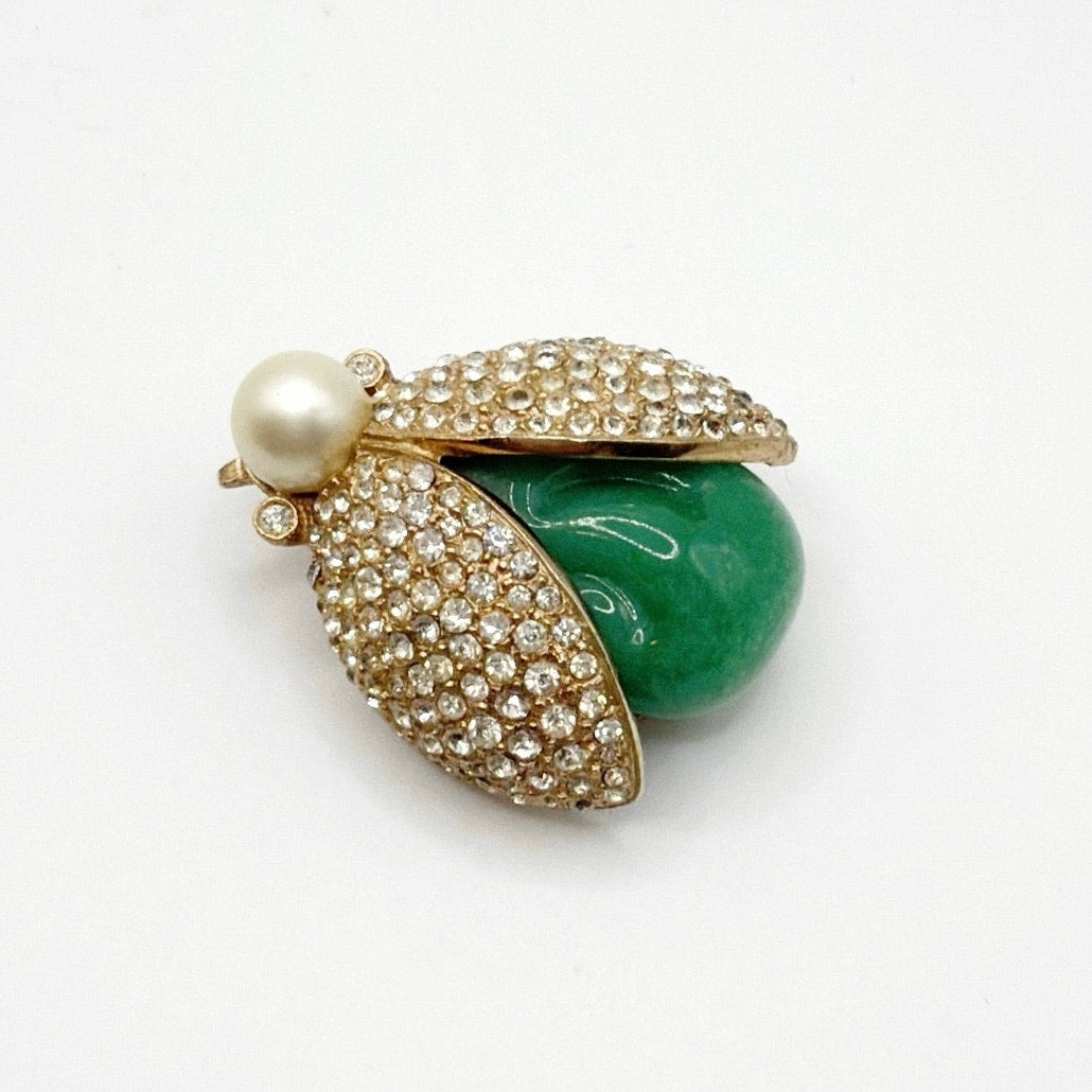 Vintage Rhinestones Scarab Brooch With Green Lucite Stone