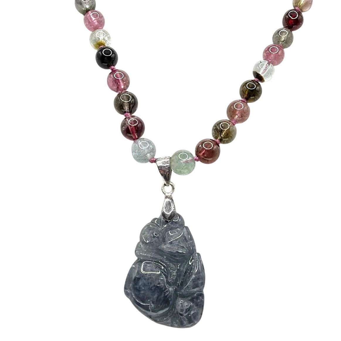Large Tourmaline 24” Necklace With Carved Stone Pendant and Sterling Closure