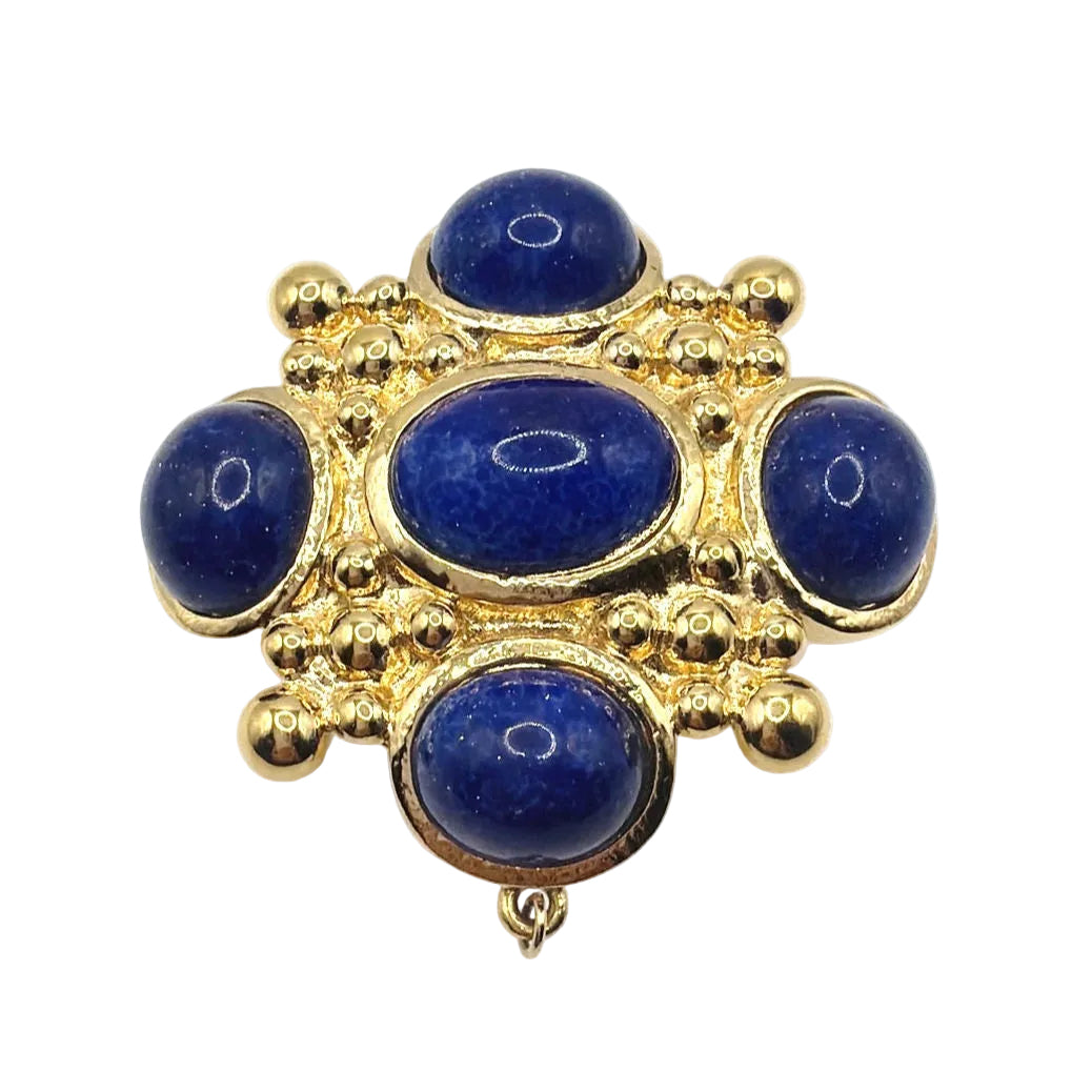 Maltese Cross Vintage Brooch With Faux Lapis Blue Cabochons 1.5”