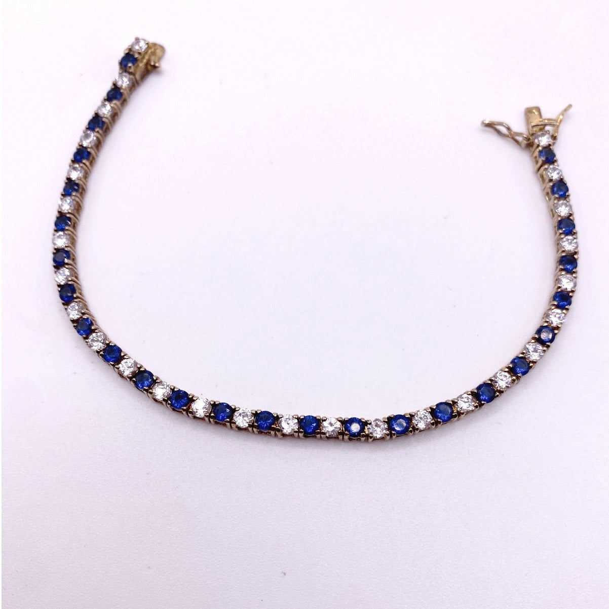 Vintage Sterling Silver Gold Vermeil 925 Bracelet Blue and White CZ 3mm Size 7”