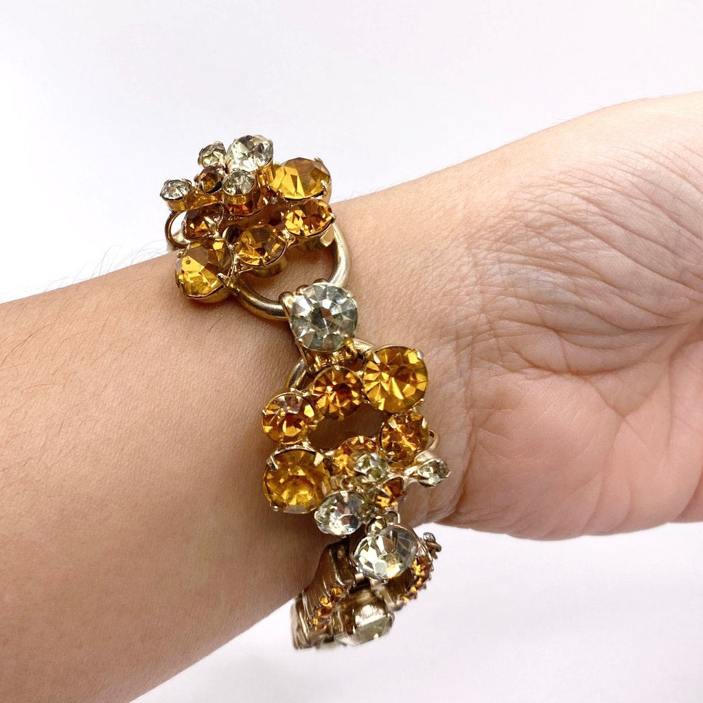 Juliana Vintage MidCentury Bracelet Beautiful Orange and Green Tone Rhinestones