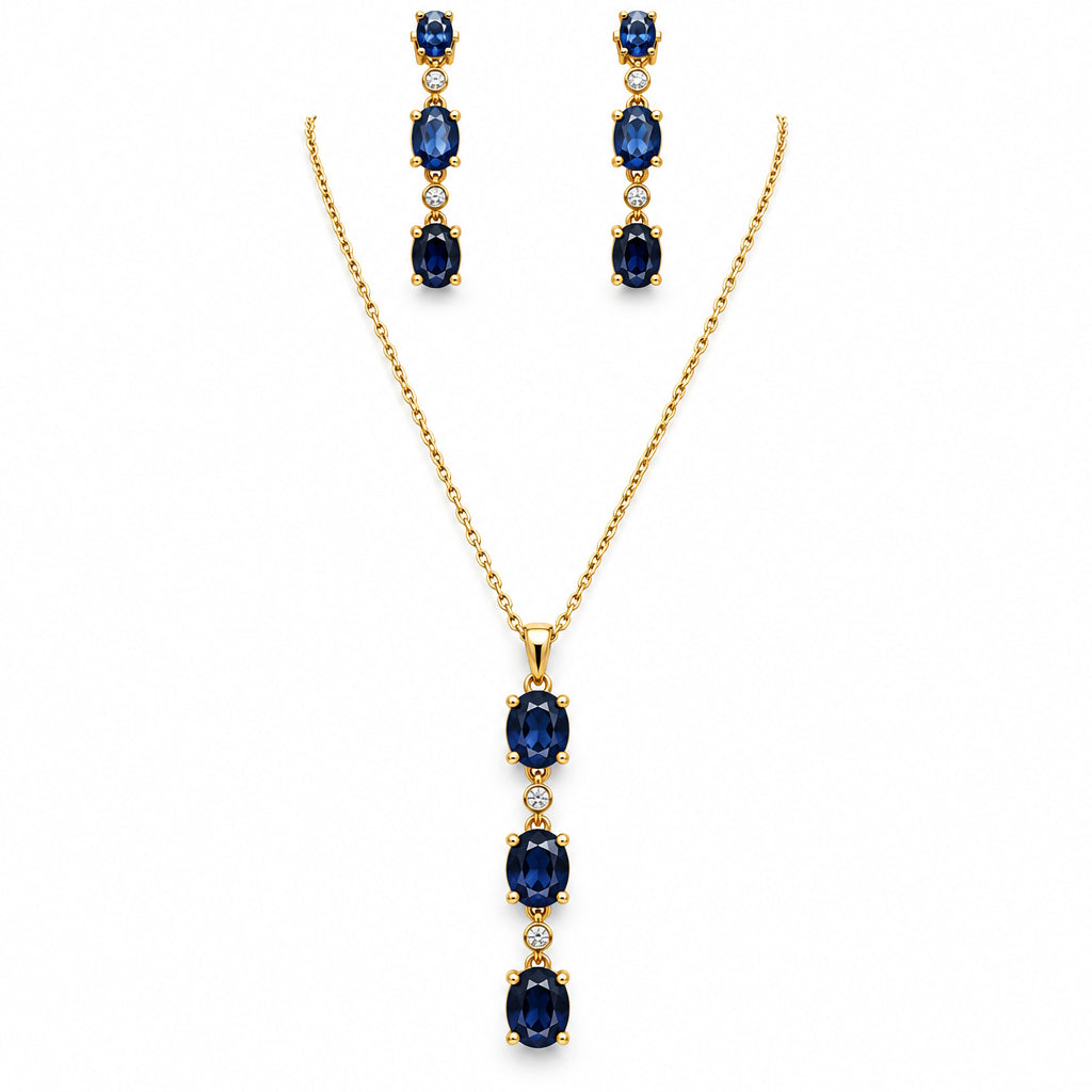 Gold Vermeil Set Necklace 20” Total and Drop Earrings With Blue CZ