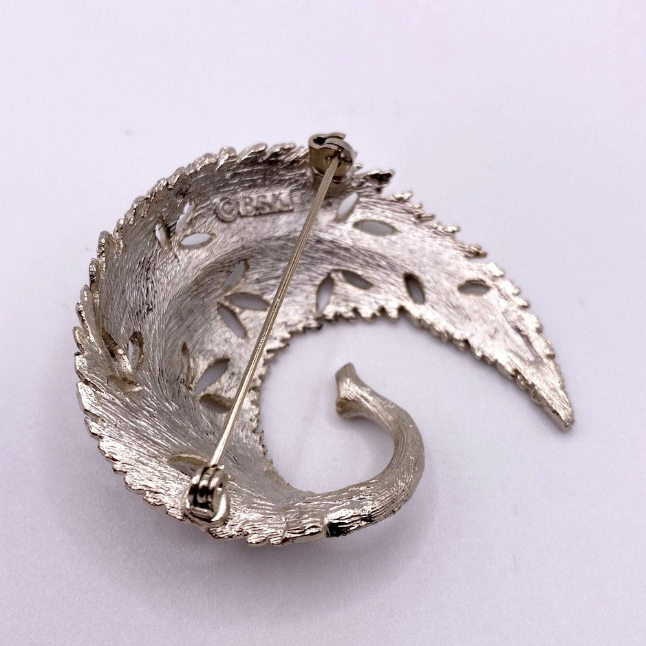 Vintage BSK Brooch Silver Tone Swirling Leaf