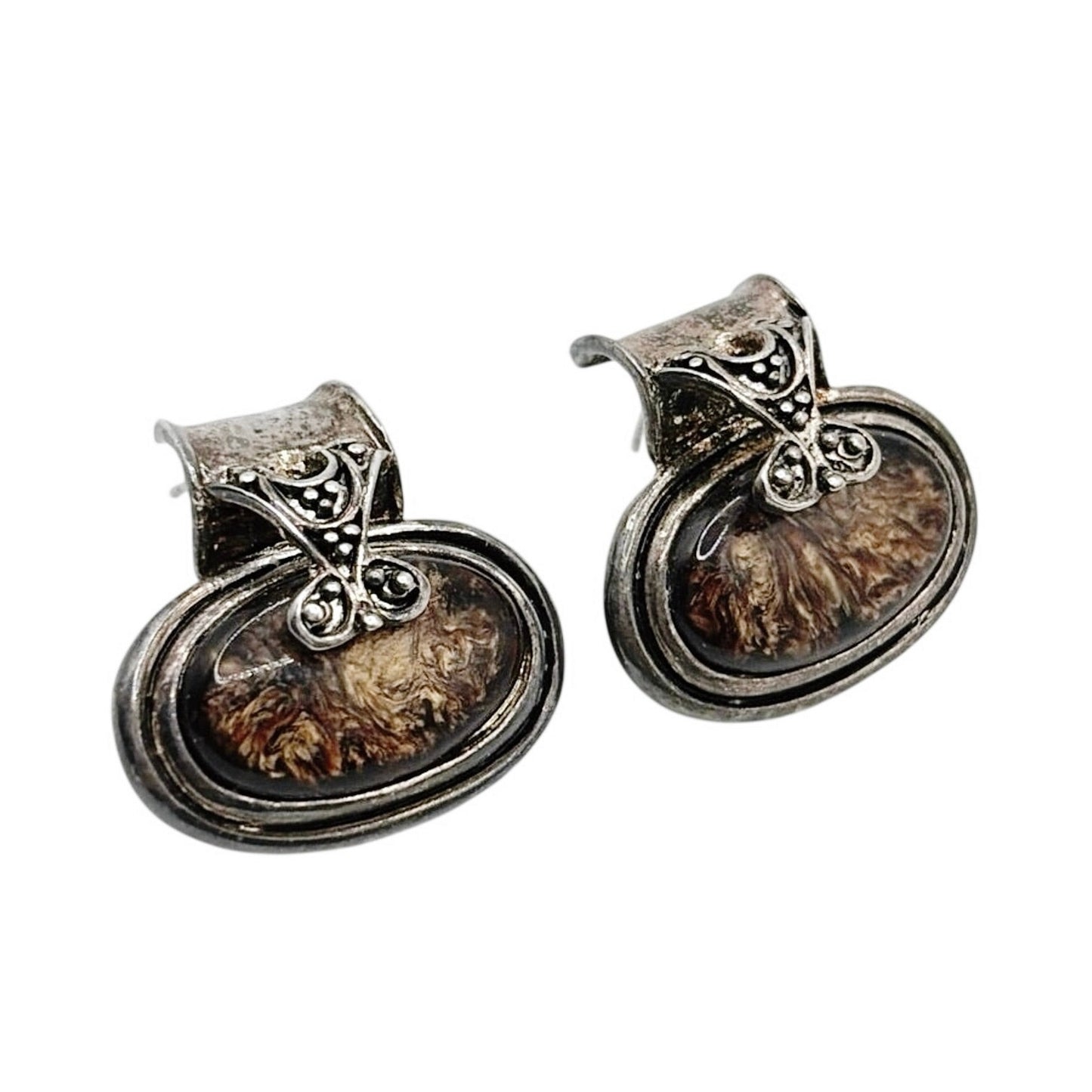 Vintage Gunmetal Tone Retro Style Studs with Brown Marble Stone