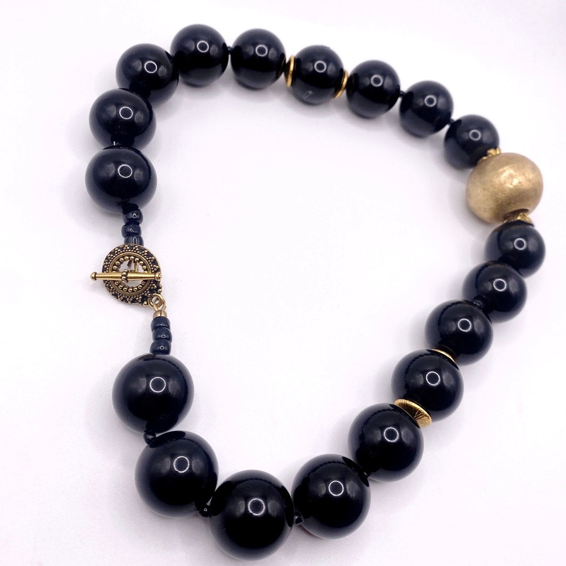 Vintage Black Onyx And Venetian Metal Golden  Spheres Chunky Necklace 14”