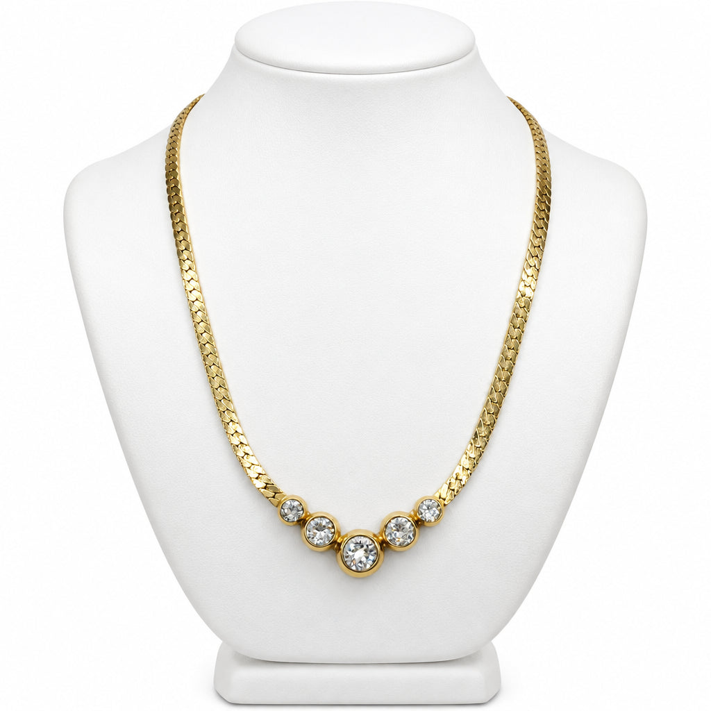 Retro Gold Tone Necklace With Sparkly Rhinestones 17”