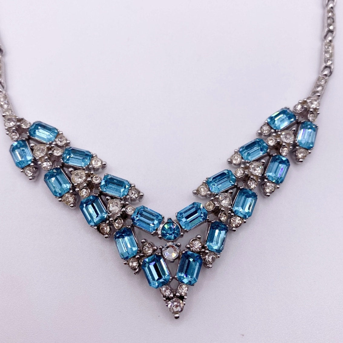 Bogoff Signed Vintage Necklace with Blue and White Rhinestones