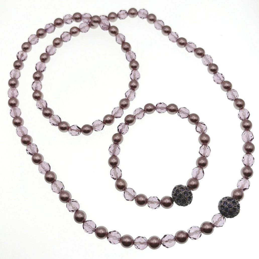 Joan Rivers Faux Pearls and lucite beads Stretchy Necklace 30” and Bracelet 7”