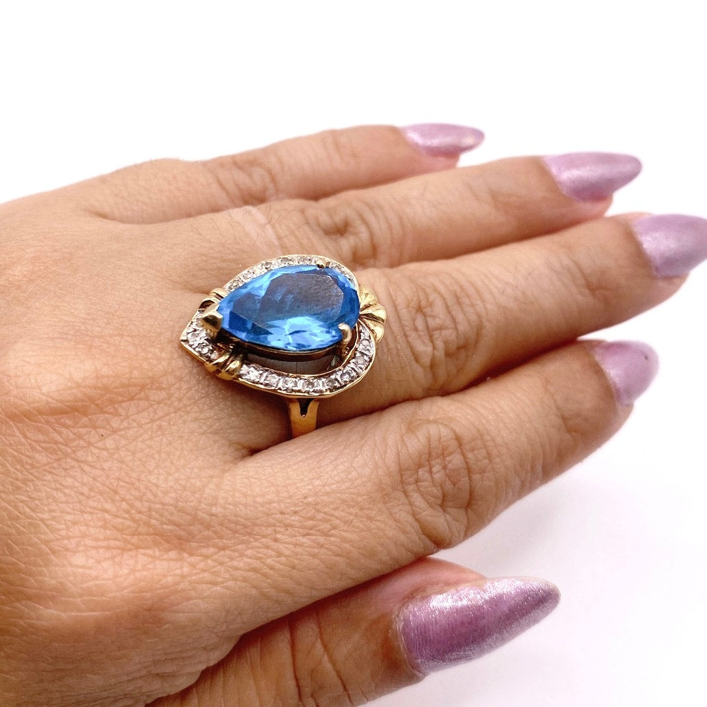 Cocktail Ring 14k Gold Vermeil Sterling Silver With Topaz and Diamonds Size 6.5