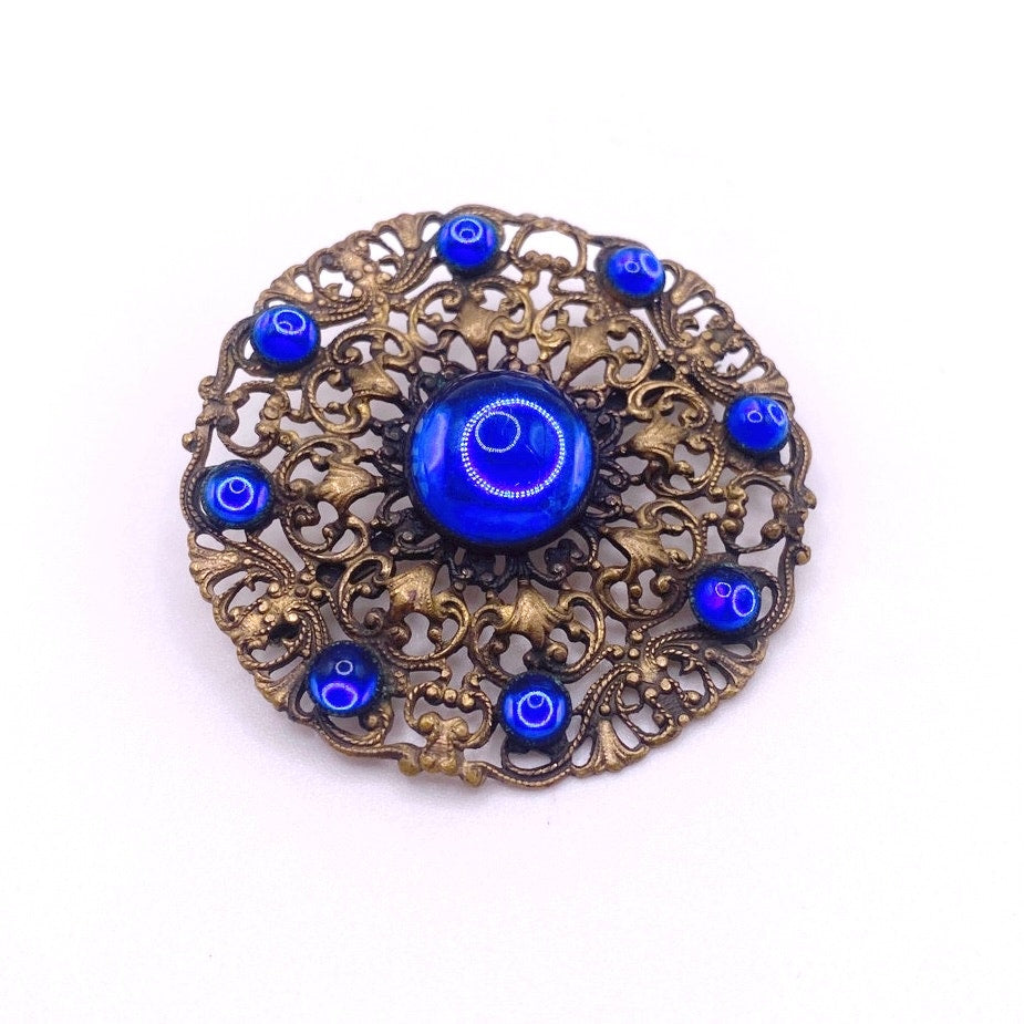 Blue Czech Glass Art Nouveau large Brooch