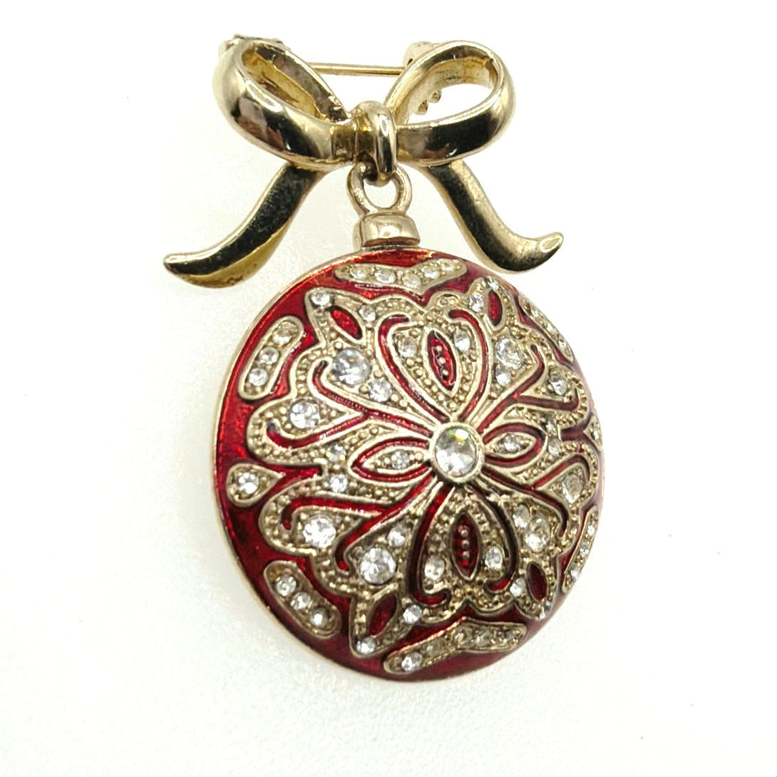 Monet vintage Pin Brooch Red Enamel and Rhinestones With Bow