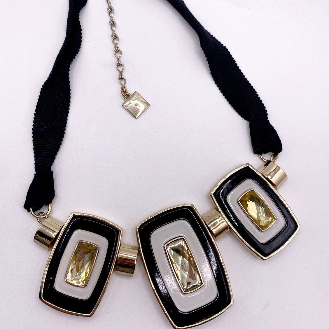 Anne Klein Signed Vintage Ribbon Necklace Black and Gold Toned