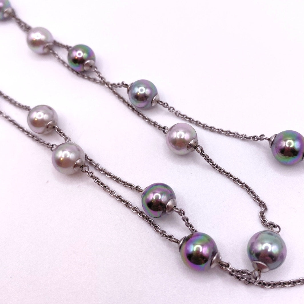 Majorica Necklace Sterling Silver-Colorful High Quality Faux Glass Pearls 34”