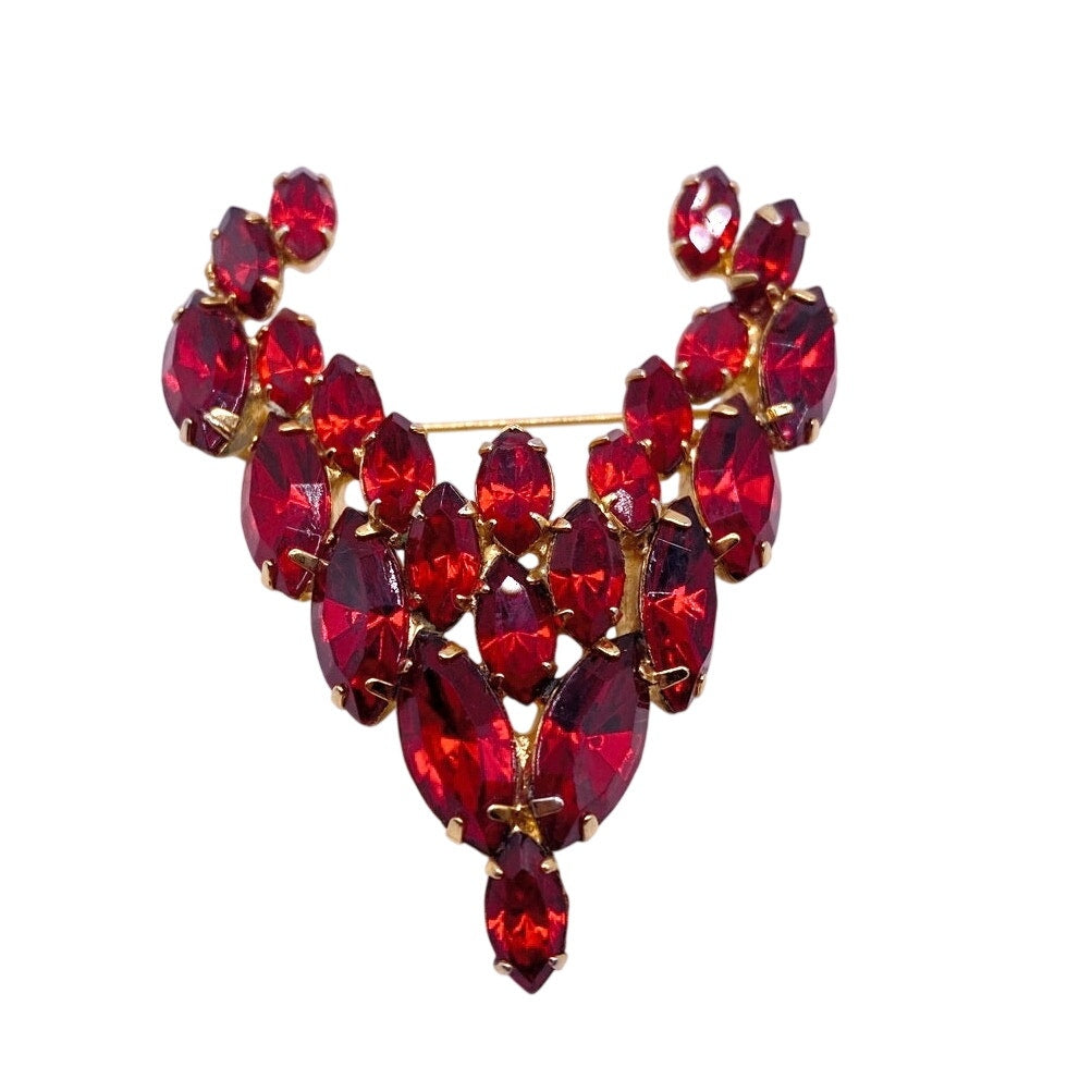 Red Rhinestones Vintage  Brooch V Shape 2.5”