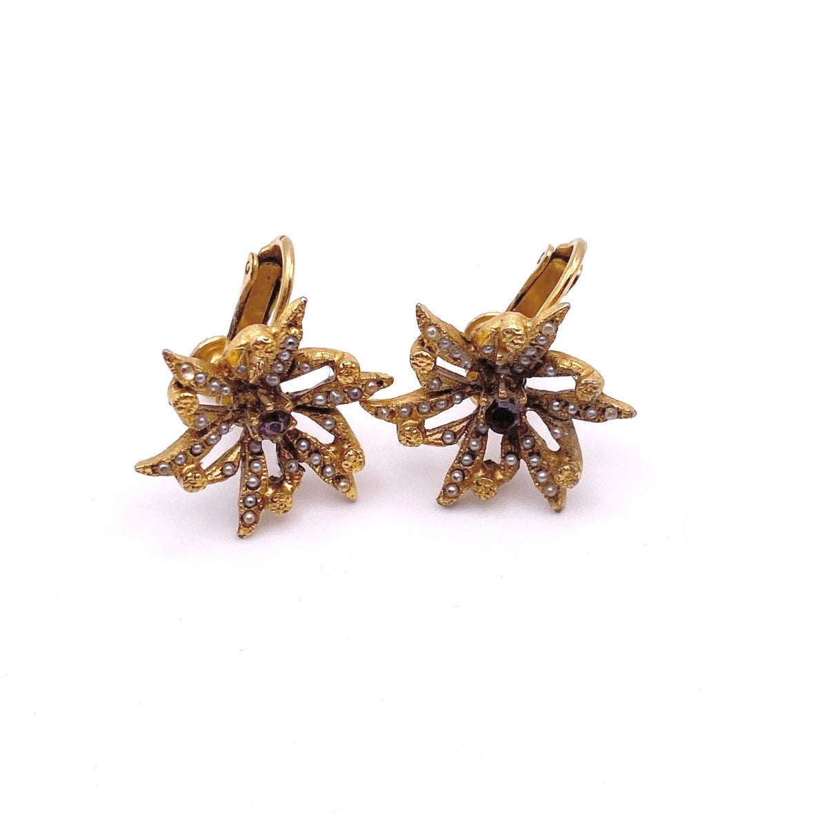 Vendome Flowers Clip On Earrings with Screw Red Center Rhinestone