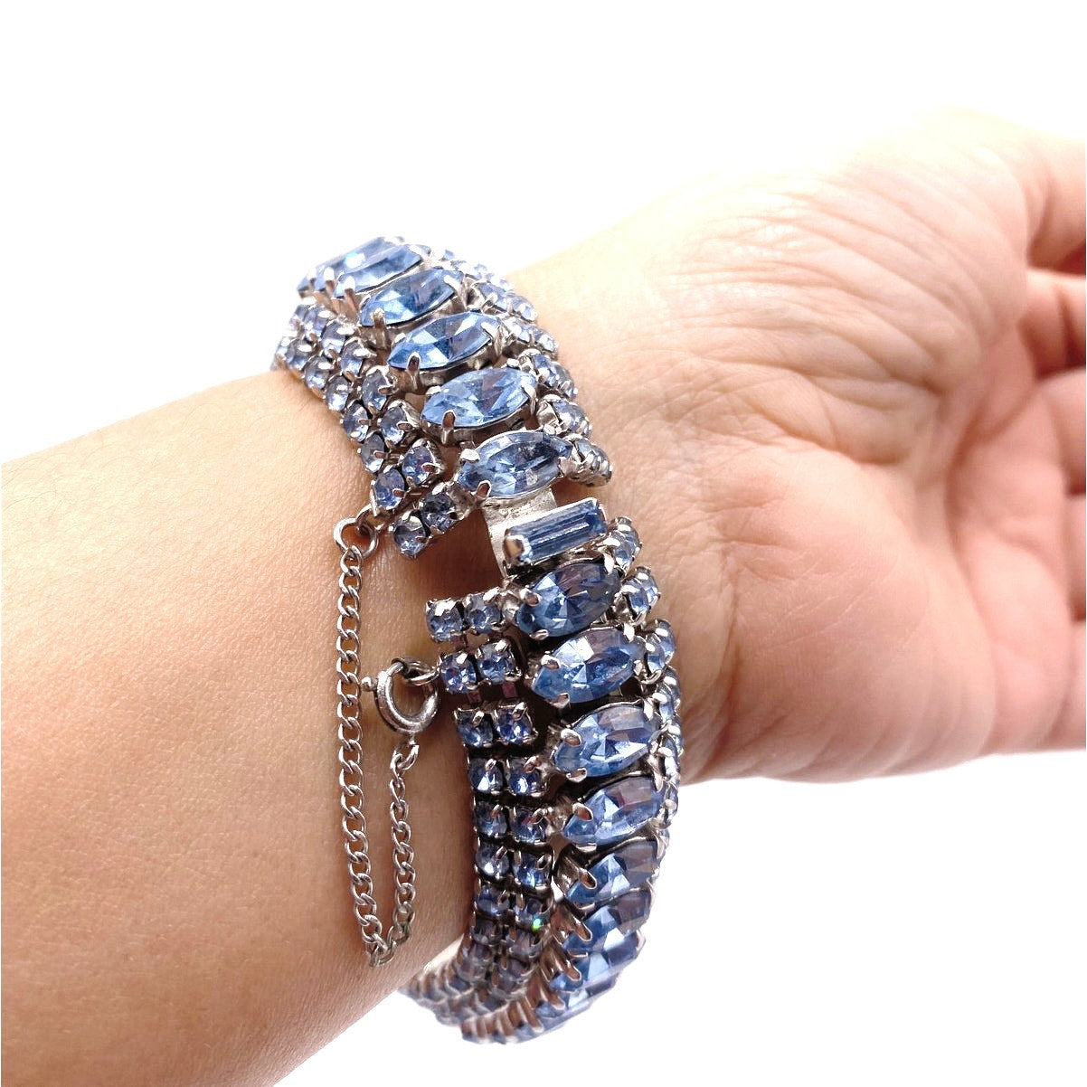 Sapphire Blue Rhinestones And Silver Tone Vintage Necklace and Bracelet Set