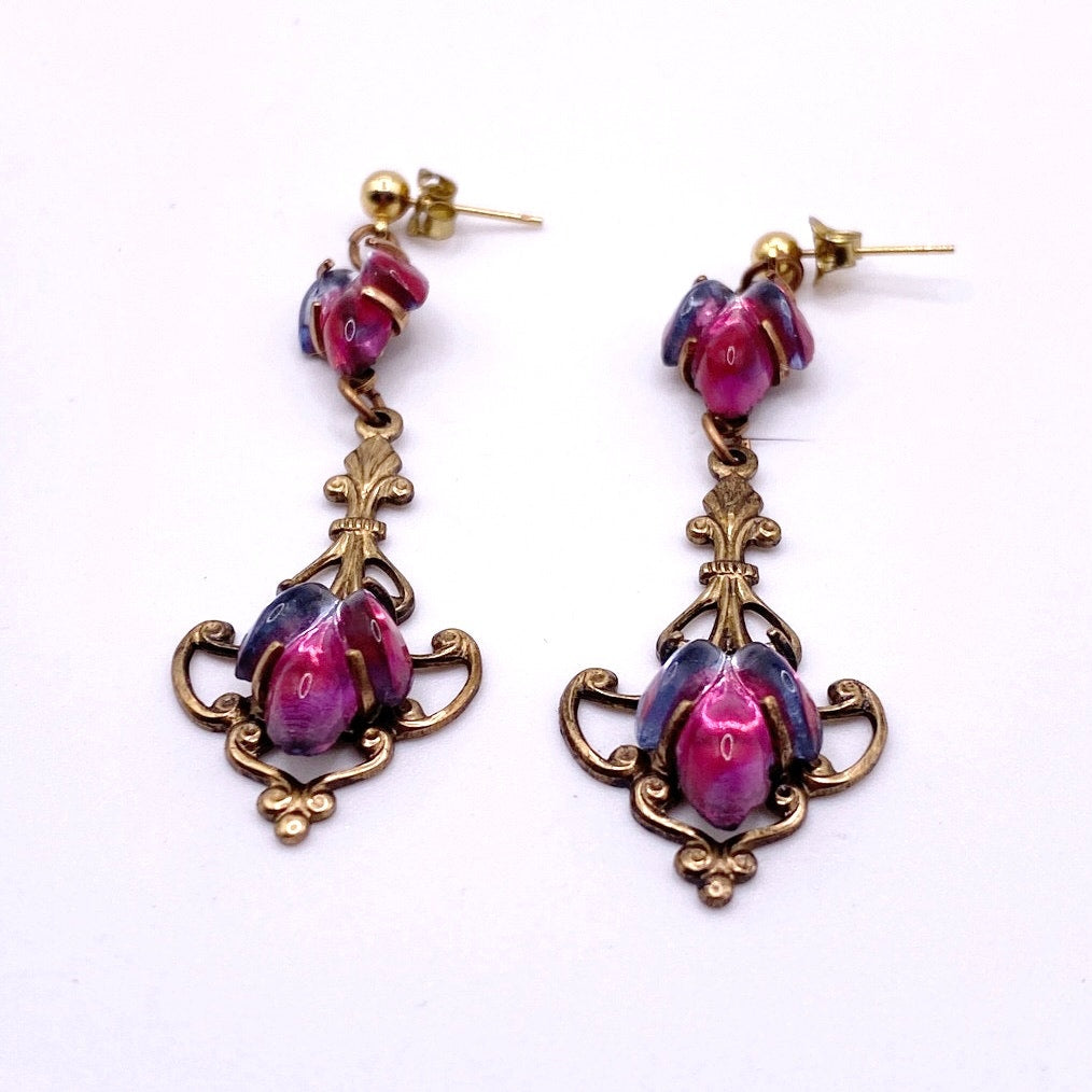 Vintage Filigree Brass Dangling Earrings Pink and Purple Glass Stones